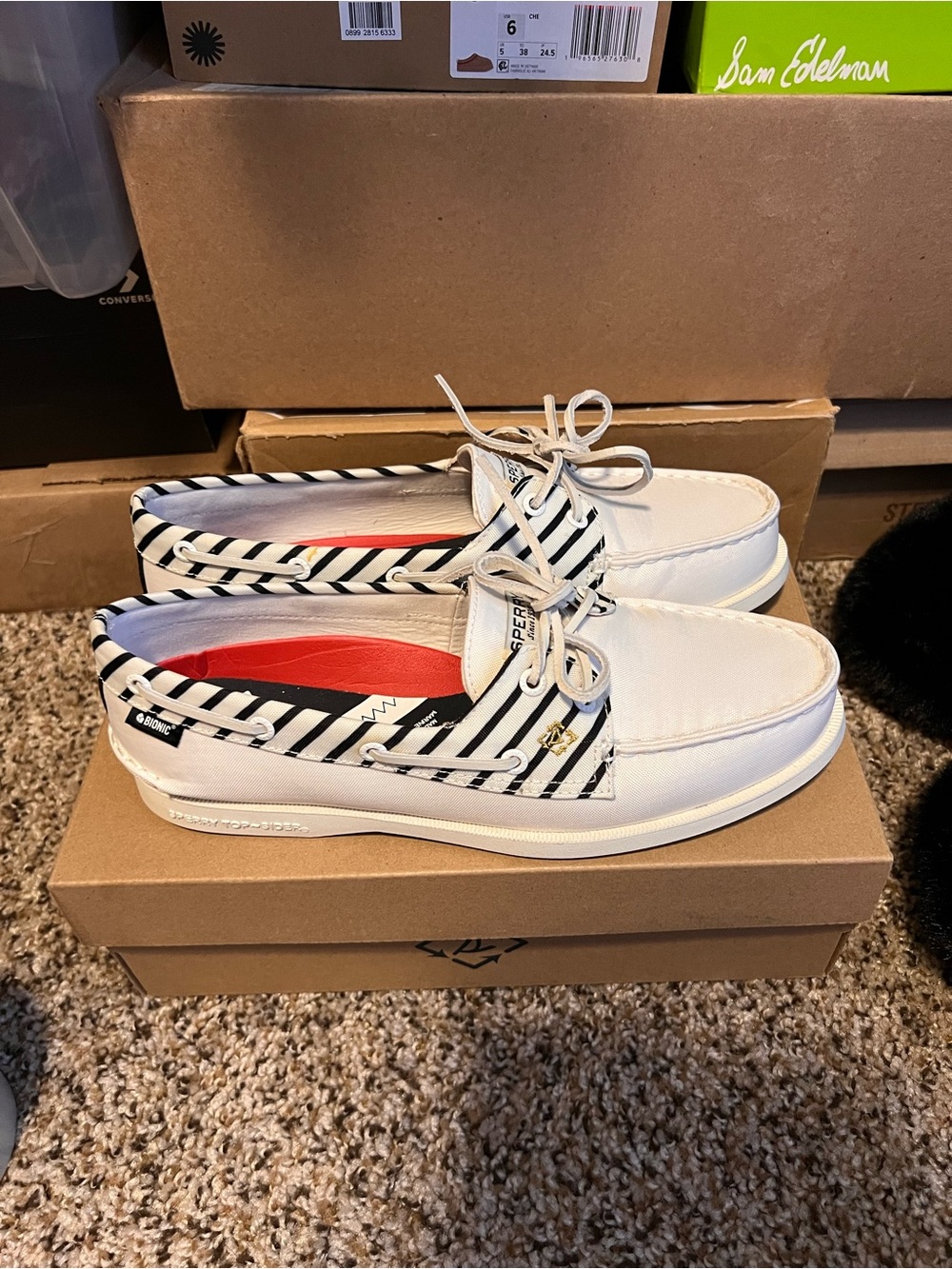 Sperry Women’s White Boat Shoes with Black Stripes